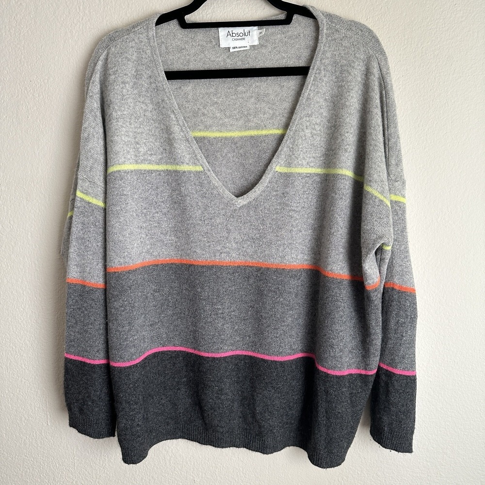 Absolut Cashmere Sweater Womens Medium Gray Neon Striped V-Neck 100% Cashmere